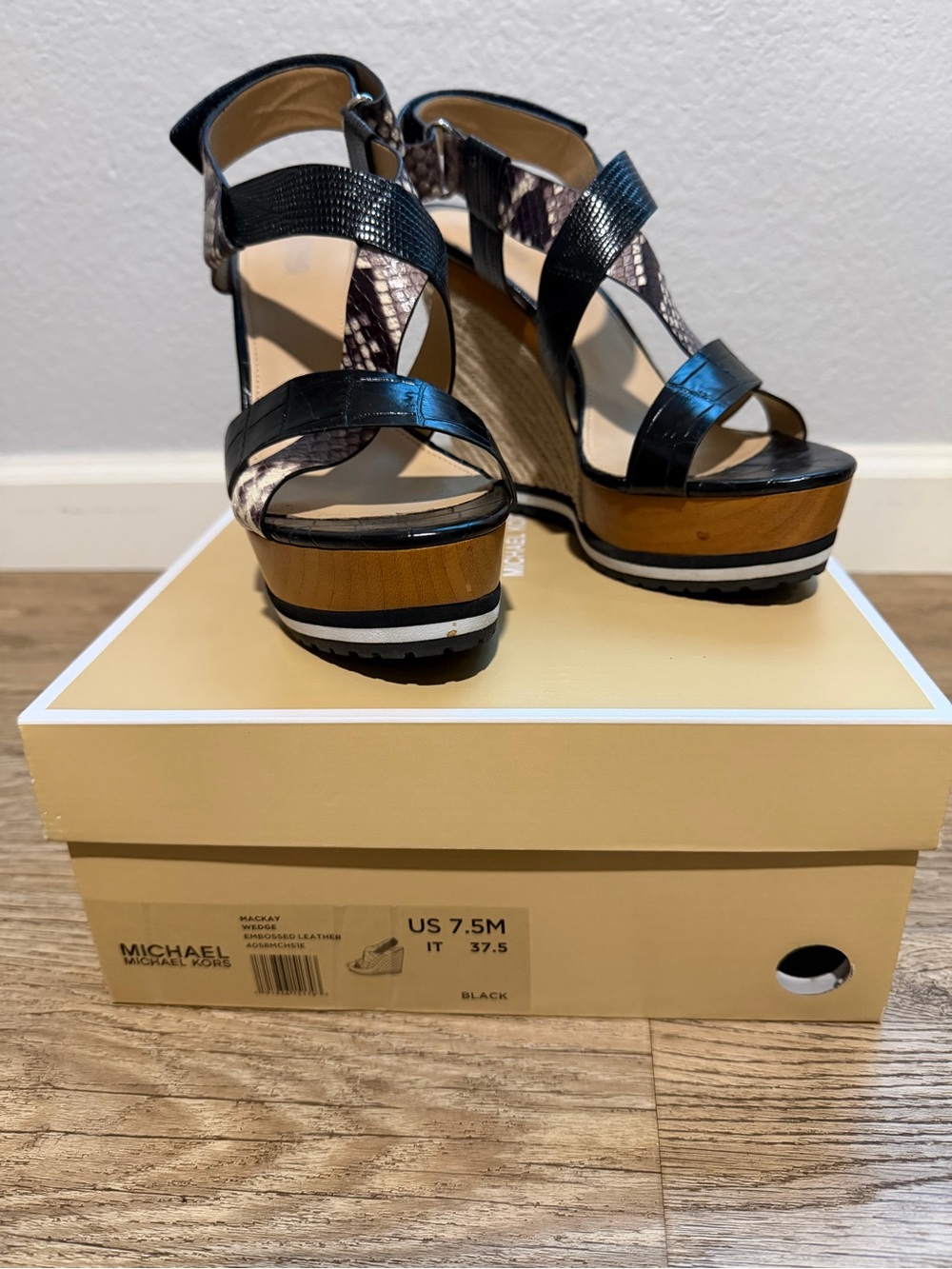 Michael Kors Black and Brown Platform Wedge Sandals with Snake-Print Accents